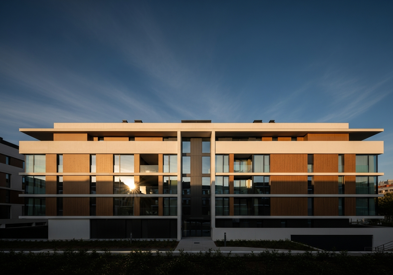 Modern residential building in Madrid at golden hour